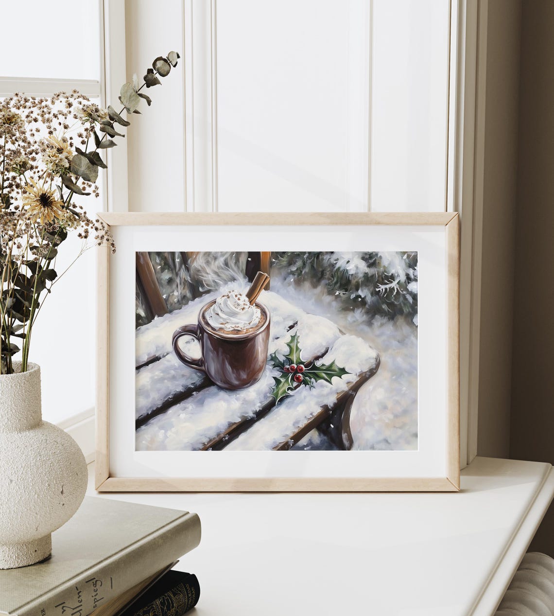 Hot Cocoa Mug On Snowy Bench With Holly Rustic Winter Art Poster - Image 3