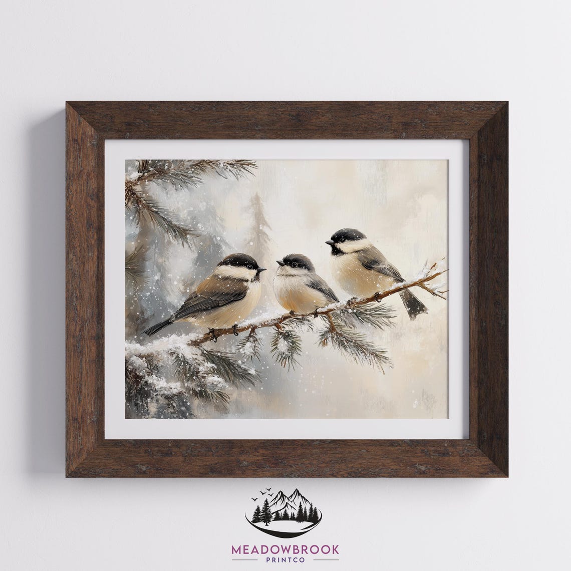 Three Chickadees On Snowy Pine Branch Winter Woodland Bird Art Poster - Image 2