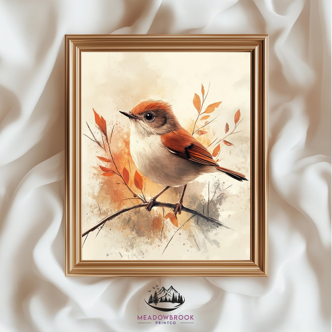 Watercolor Songbird With Autumn Leaves Rustic Bird Art Print Poster