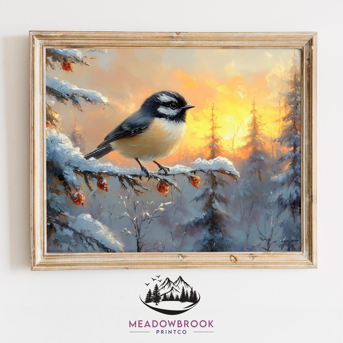 Chickadee On Icy Snowy Branch At Golden Winter Sunset Forest Poster