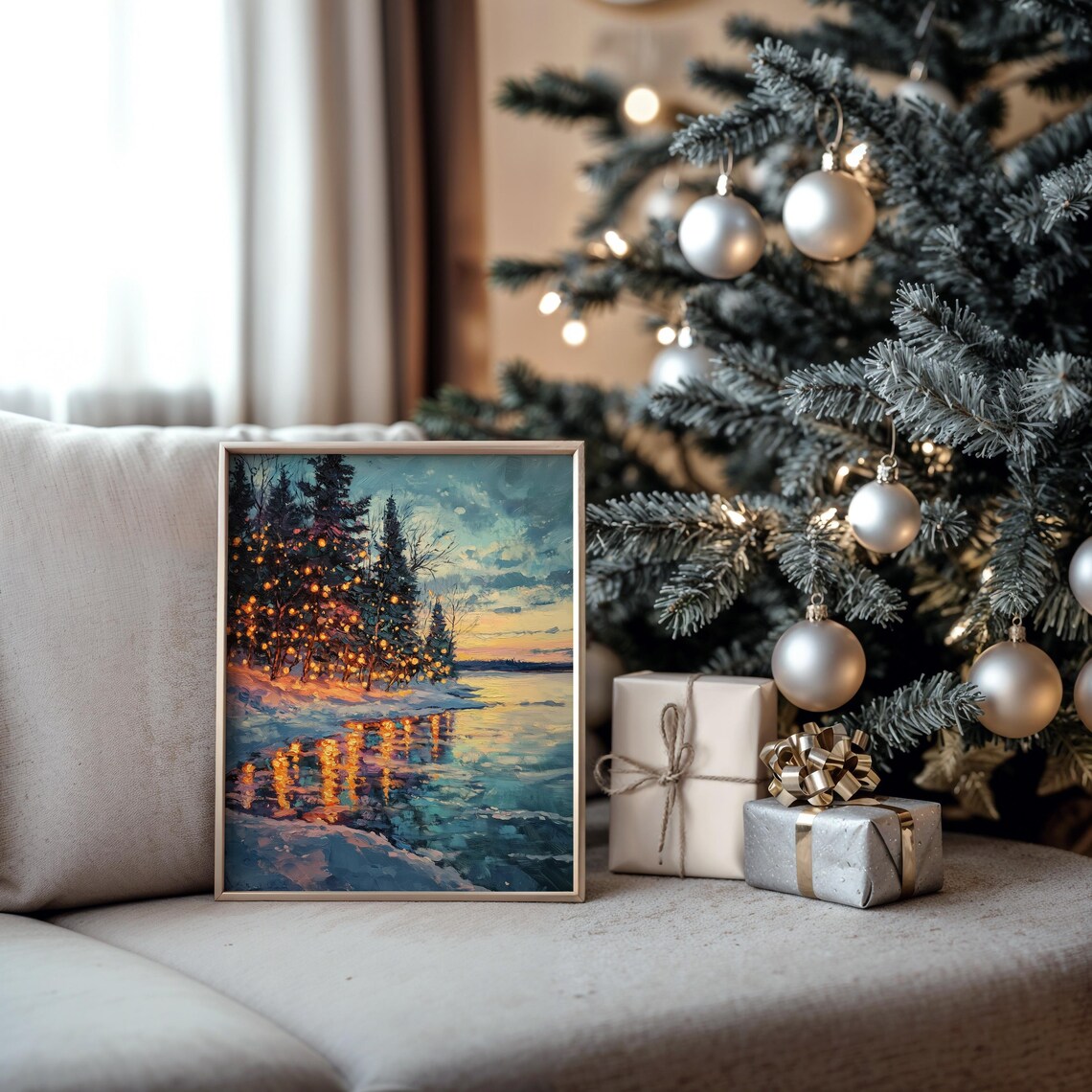 Christmas Lights Reflecting On Frozen Lake Winter Sunset Art Poster - Image 2