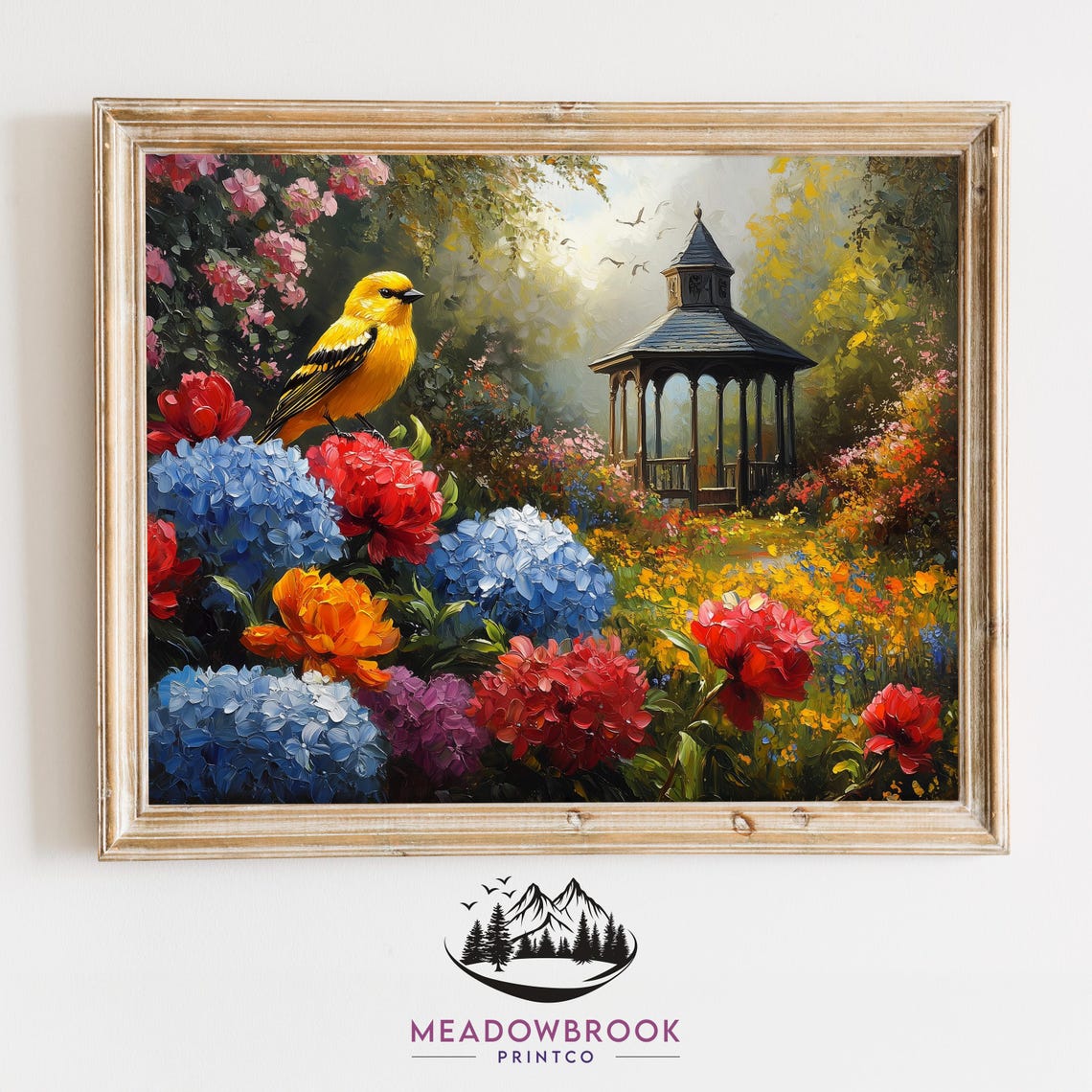 Golden Oriole Like Bird In Lush Hydrangea Garden With Gazebo Poster