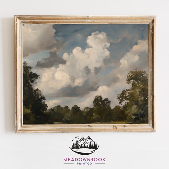 Clouds Over Trees Painting Moody Sky And Tree Art Print Rustic Nature Decor For Earthy Interiors Vintage Landscape Wall Art 17