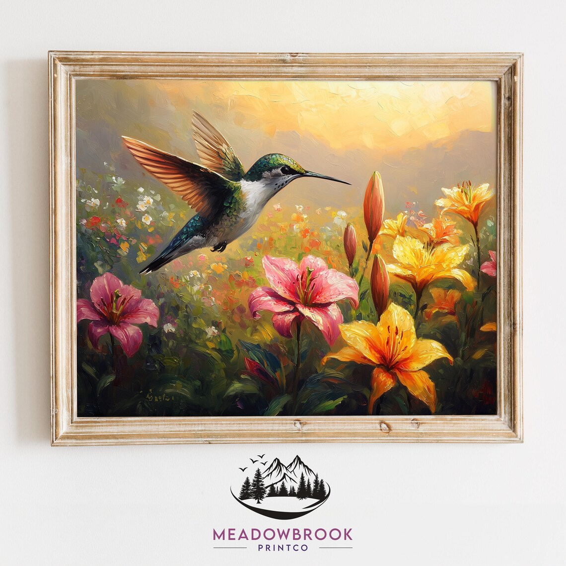 Hummingbird Hovering Over Blooming Lilies Golden Summer Garden Poster