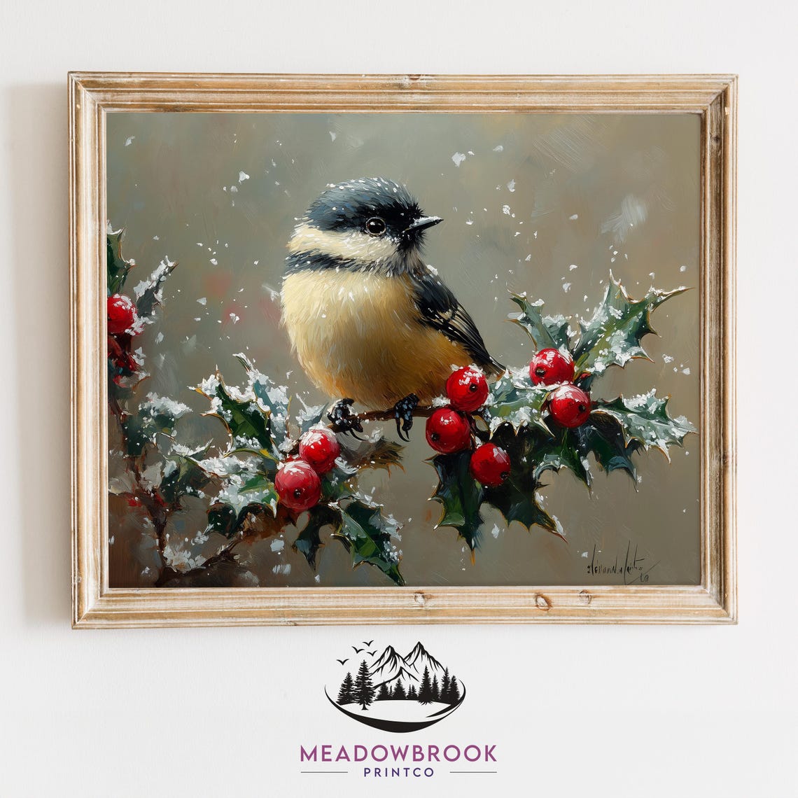 Chickadee Bird Perched On Snowy Holly With Red Berries Winter Poster