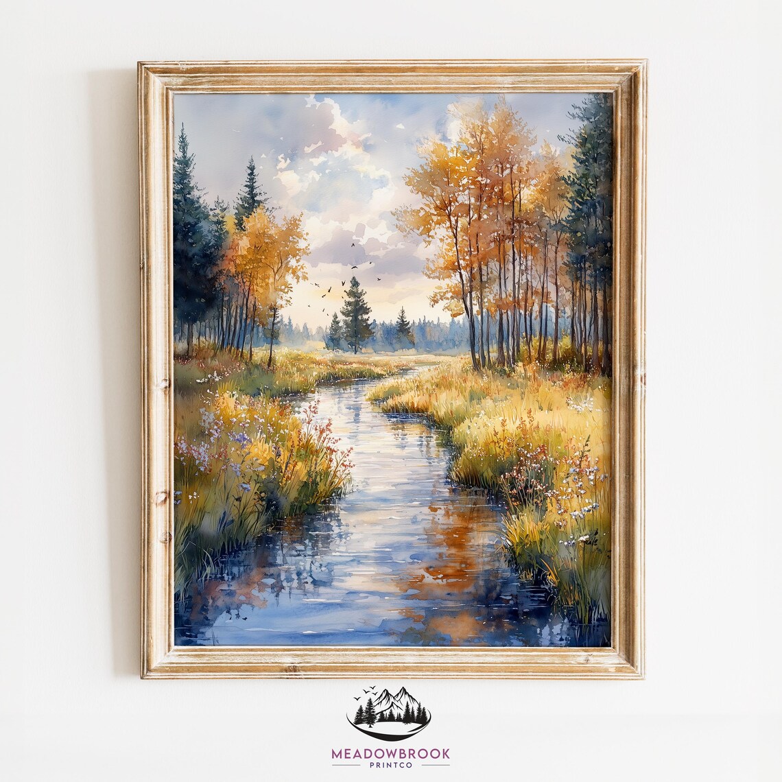 Peaceful Autumn River Through Golden Meadow Trees Watercolor Poster