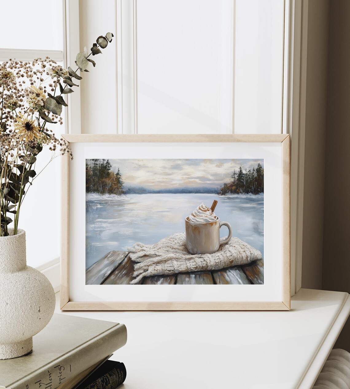 Hot Cocoa Mug On Snowy Dock By Frozen Lake Winter Art Poster - Image 3