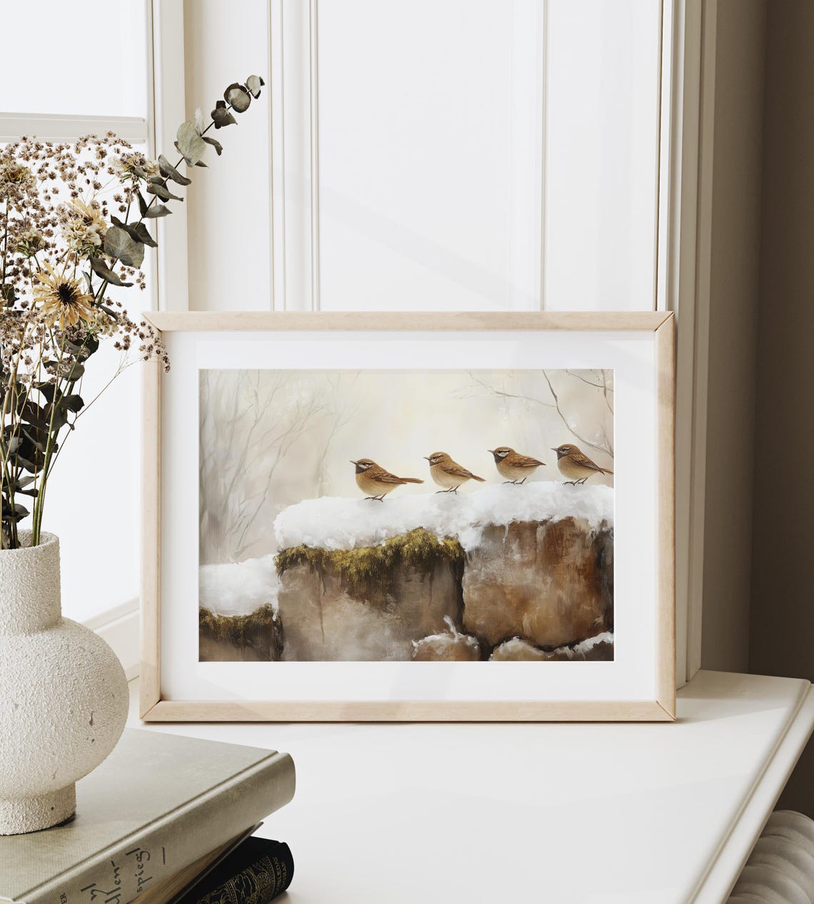 Four Sparrows On A Snowy Stone Wall Serene Winter Bird Art Poster - Image 3