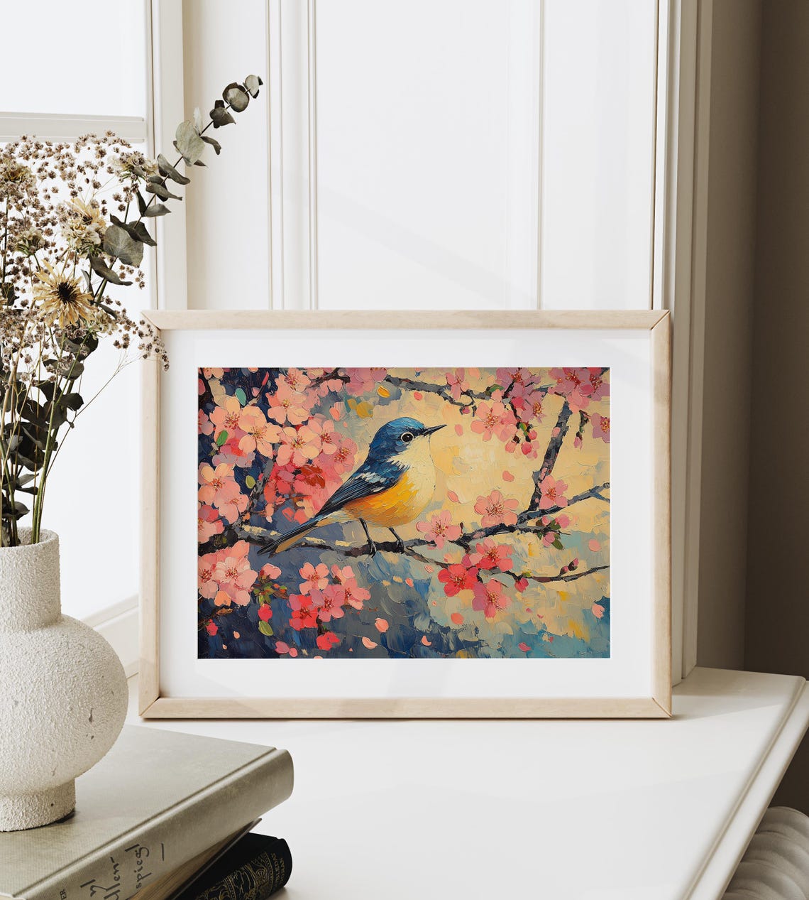 Blue Yellow Songbird In Cherry Blossom Canopy Impasto Spring Poster - Image 3