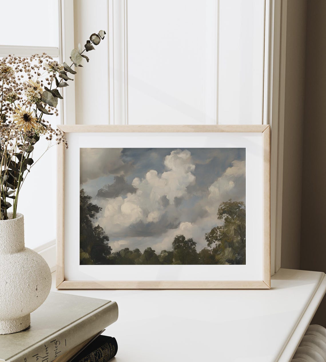 Billowing Clouds Over Forest Tree Line Vintage Sky Painting Print - Image 3