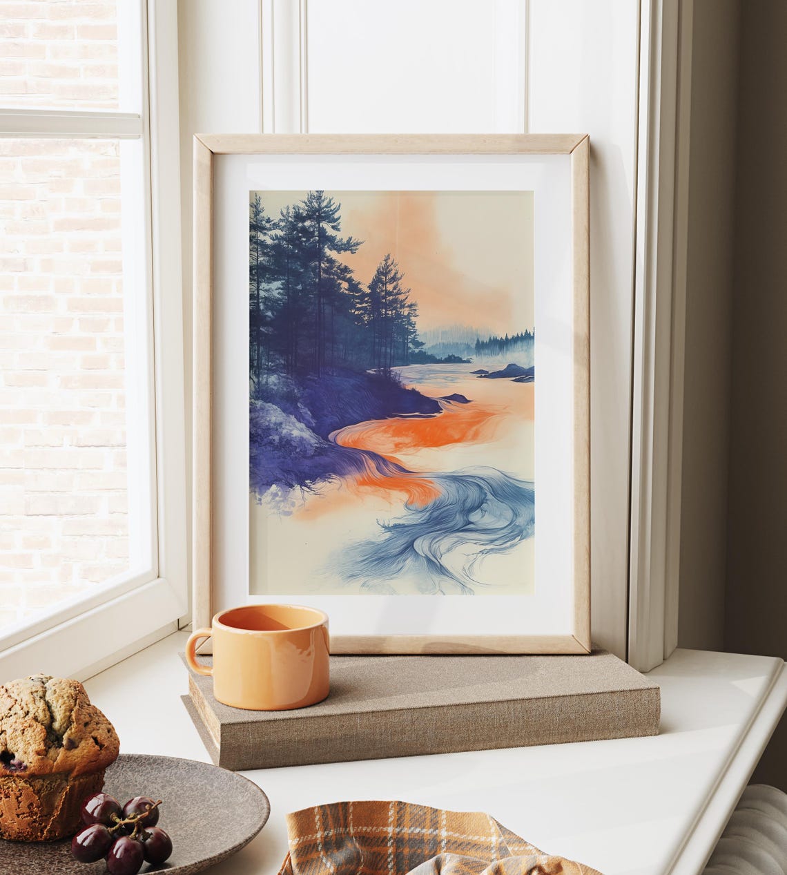 Flowing River Through Pine Trees Sunset Sketch Pencil Ink Nature Art - Image 3