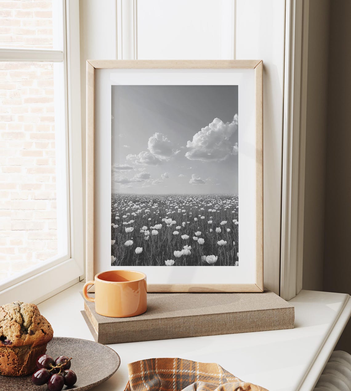 Black and White Tulip Flower Field Cloudy Sky Minimalist Art Print - Image 3