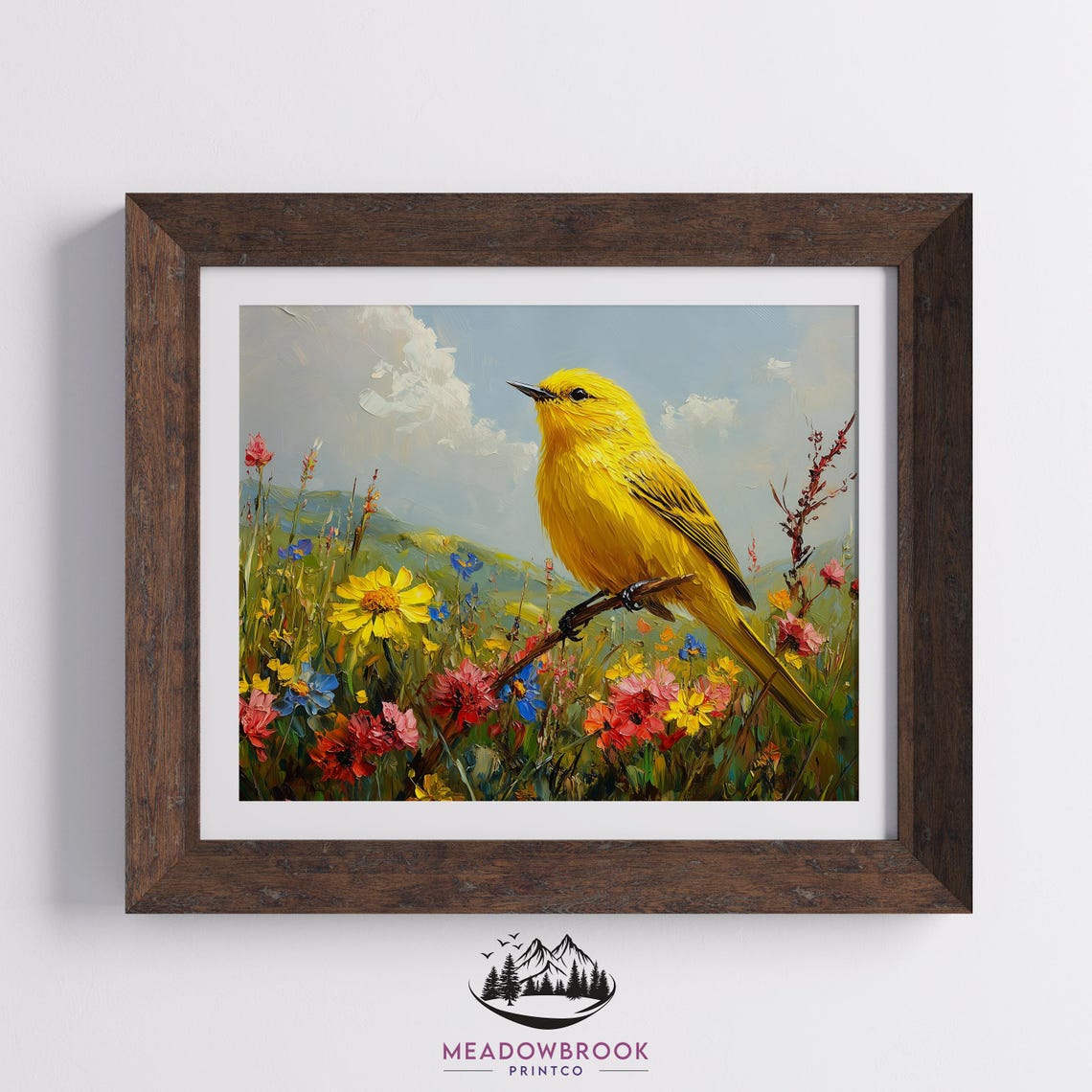 Yellow Warbler Singing In Wildflower Meadow Spring Oil Painting Poster - Image 2