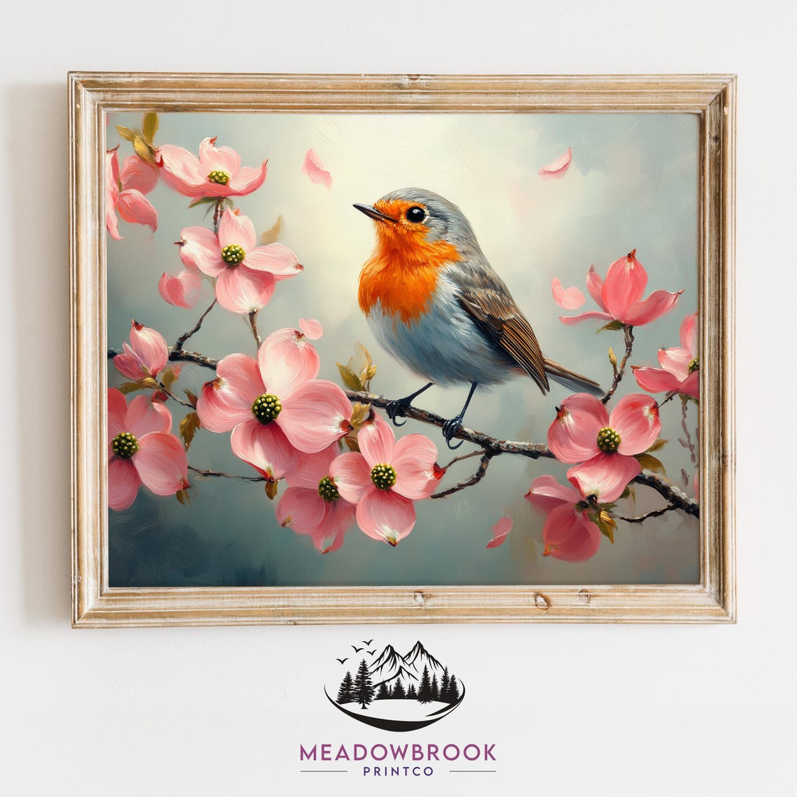 Robin On Pink Dogwood Blossoms Falling Petals Spring Scene Poster