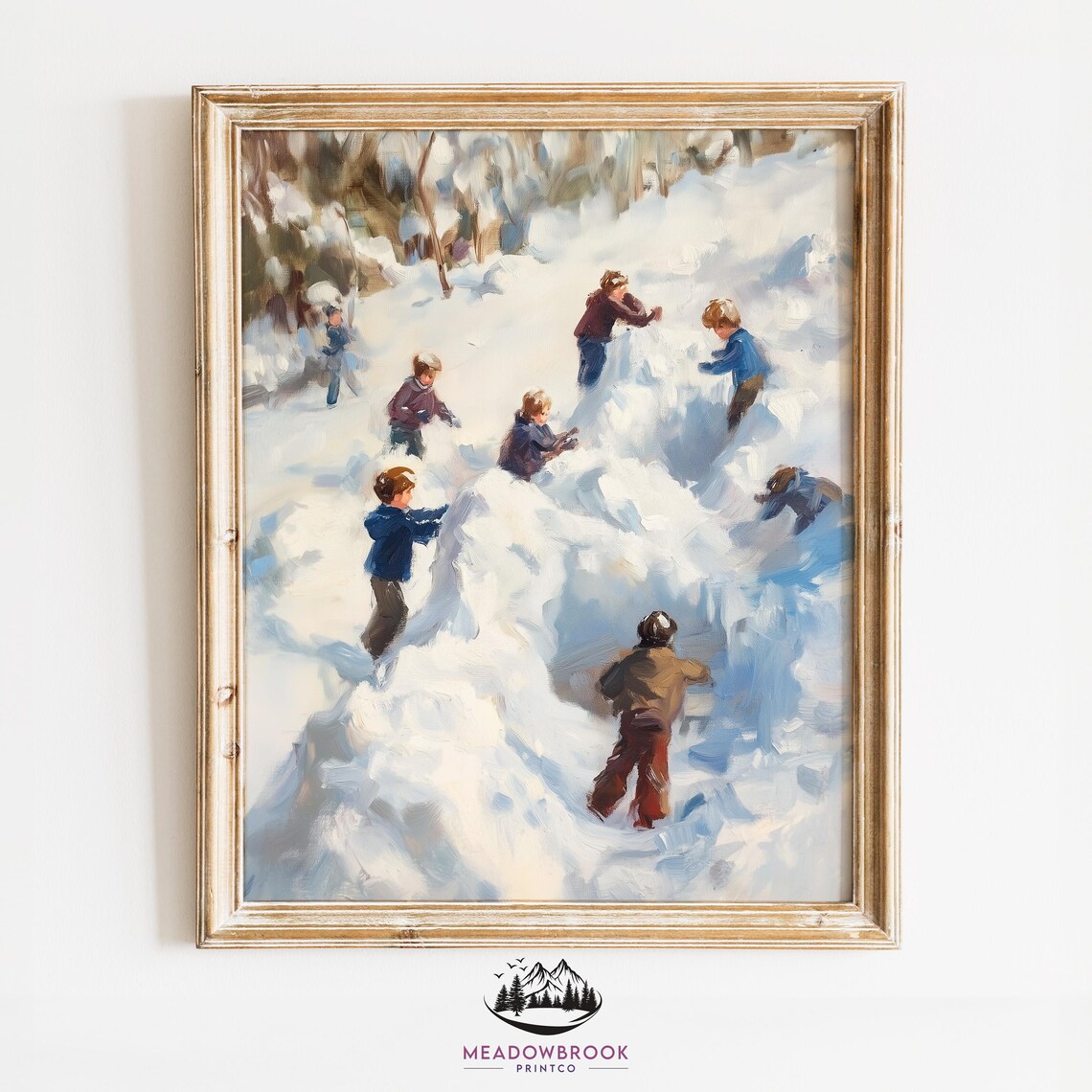 Children Building Snow Forts Rustic Winter Art Print