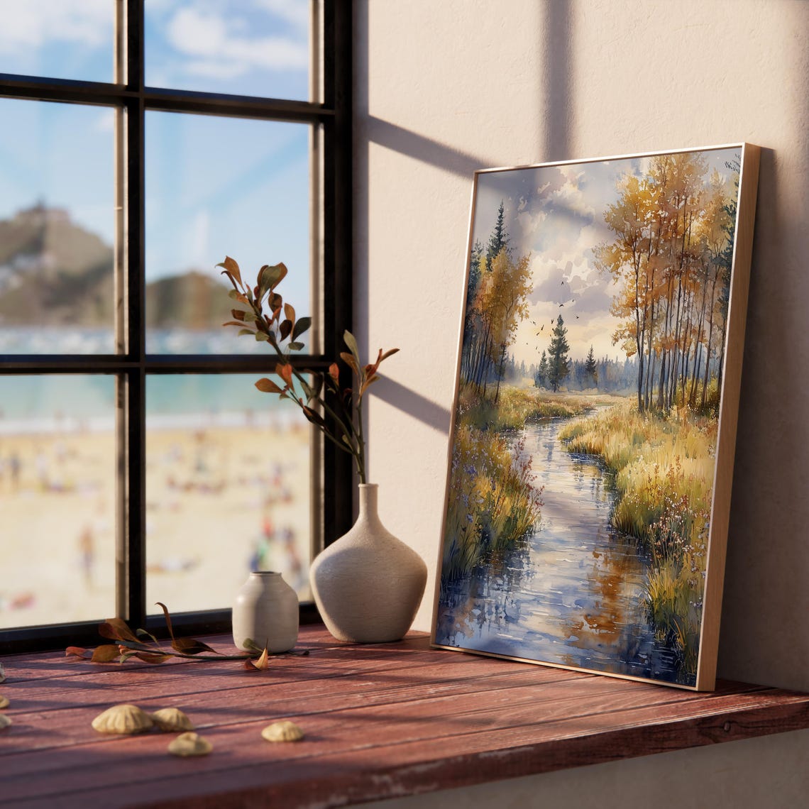 Peaceful Autumn River Through Golden Meadow Trees Watercolor Poster - Image 2