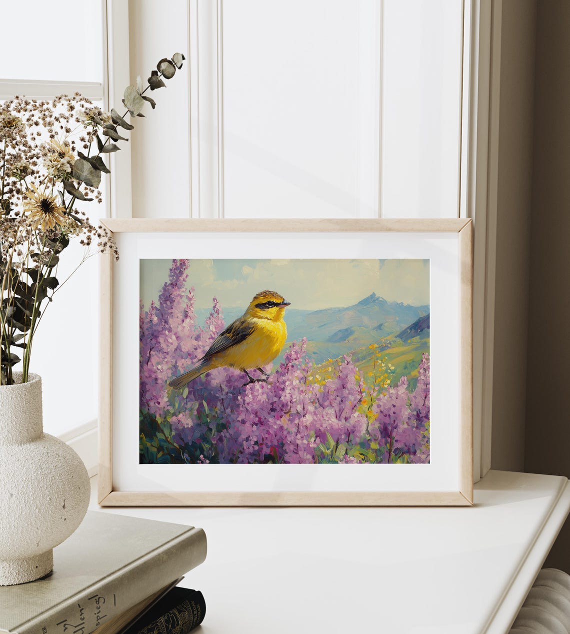 Golden Goldfinch on Purple Blossoms Sunlit Mountain Valley Bird Poster - Image 3