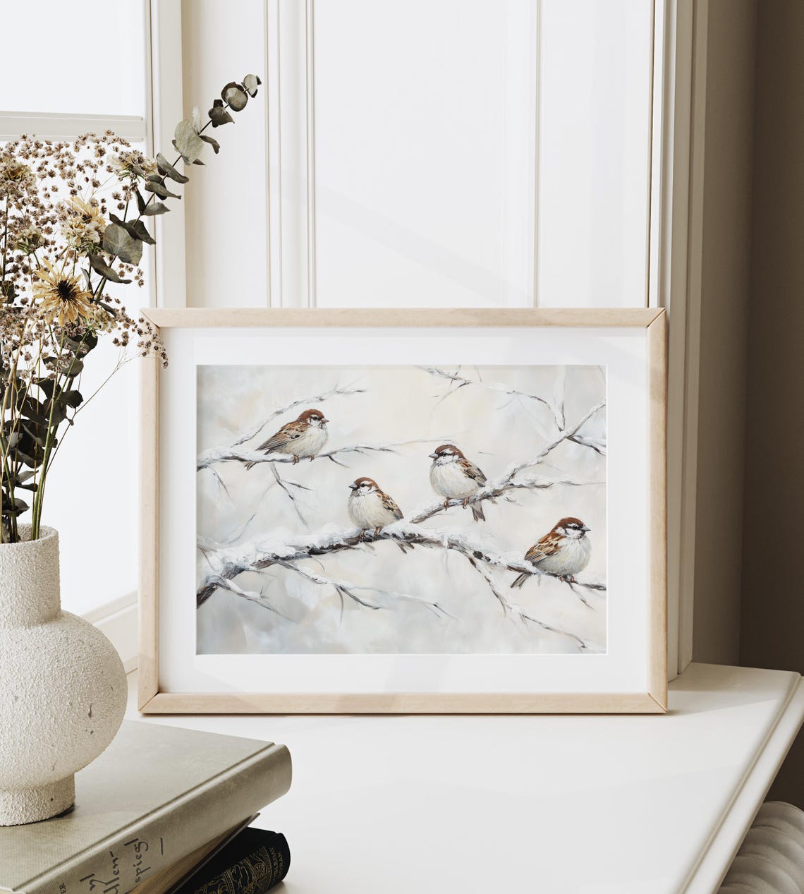 Four Sparrows On Snowy Winter Branches Vintage Bird Painting Print - Image 3