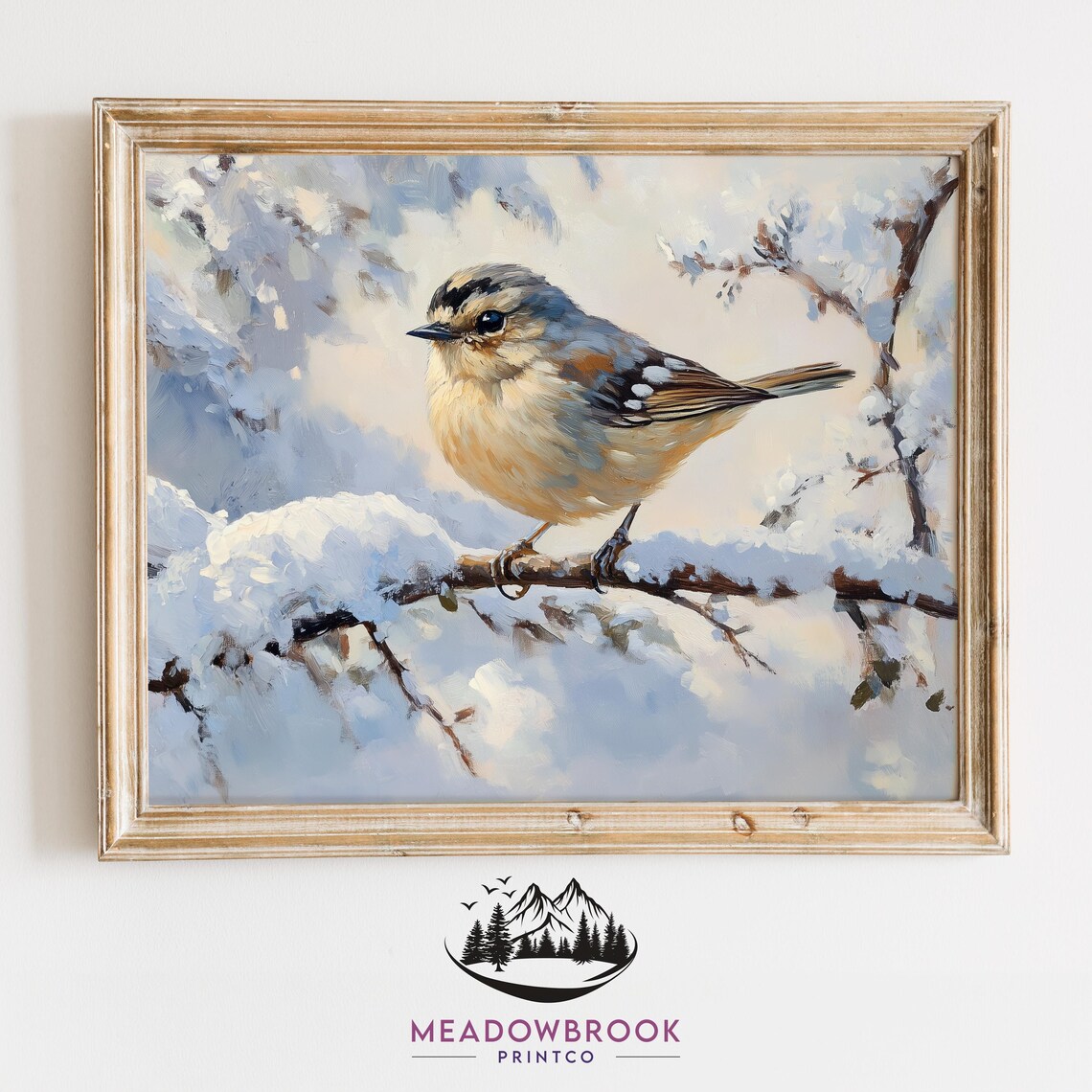 Small Songbird Perched On Snowy Branch Winter Oil Painting Bird Poster