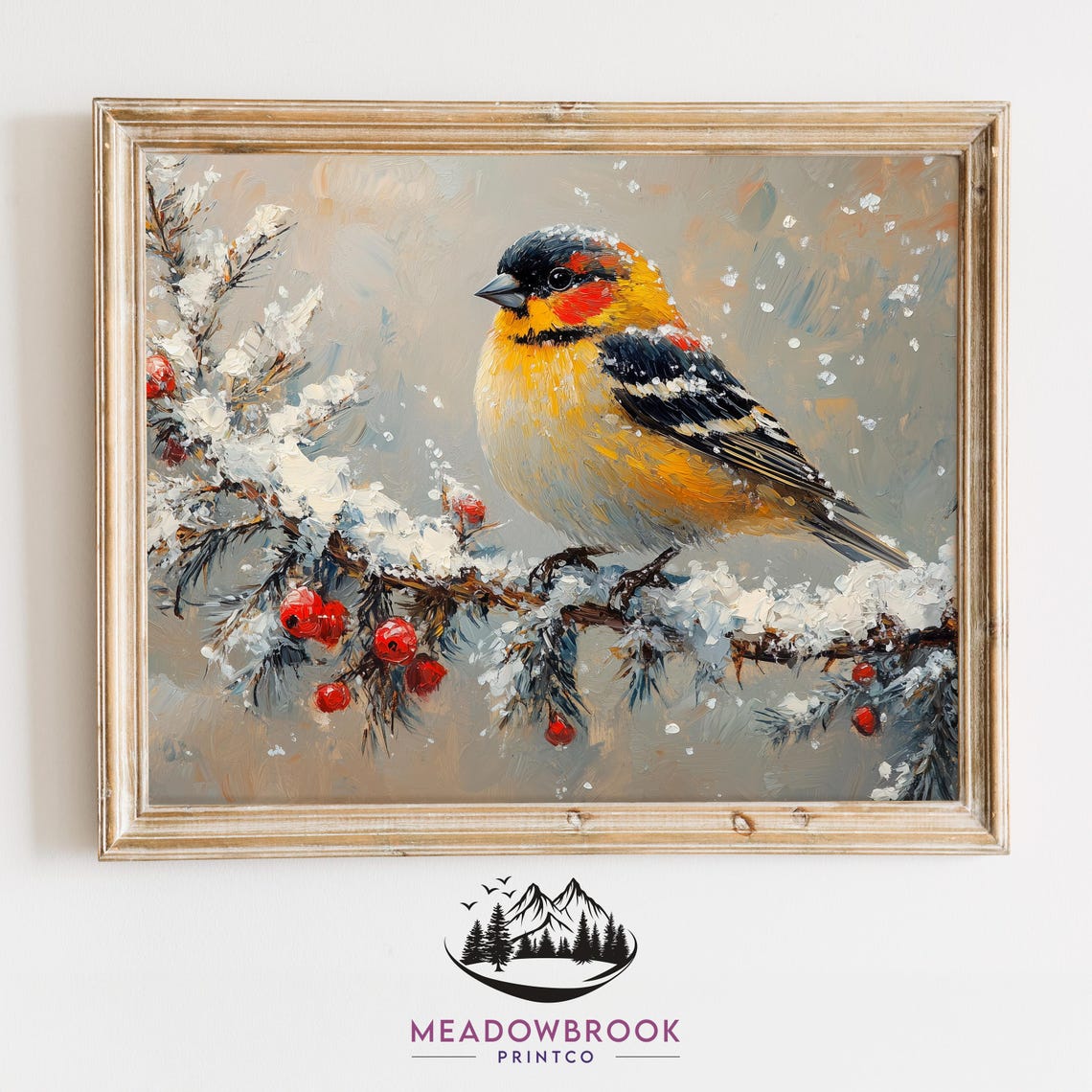 Goldfinch Bird on Snowy Evergreen Branch With Red Winter Berries Art