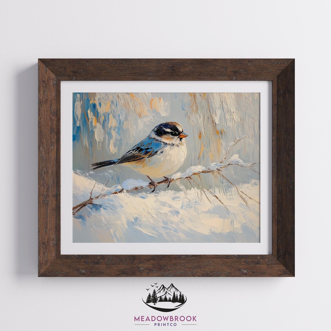 Sparrow Bird on Snow Covered Winter Branch Icy Blue Oil Art Poster - Image 2