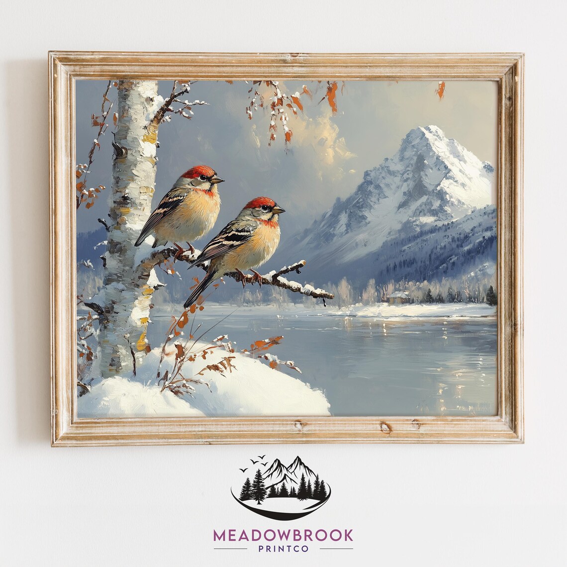 Pair Of House Finches On Snowy Branch Alpine Lake Winter Poster