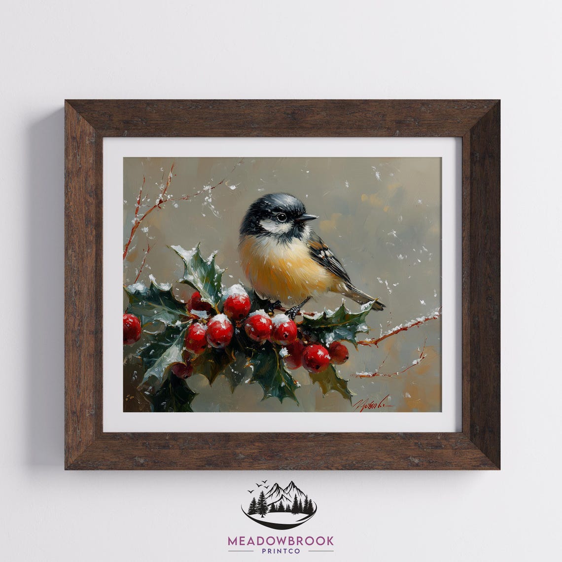 Chickadee On Snowy Holly Branch With Bright Red Winter Berries Poster - Image 2