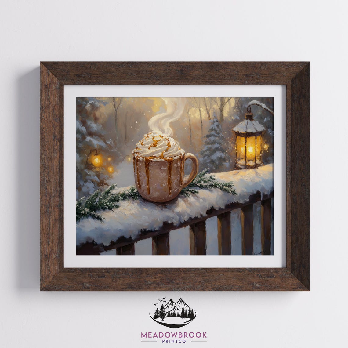 Steaming Hot Cocoa Mug With Lantern Snowy Pine Forest Art Poster - Image 2