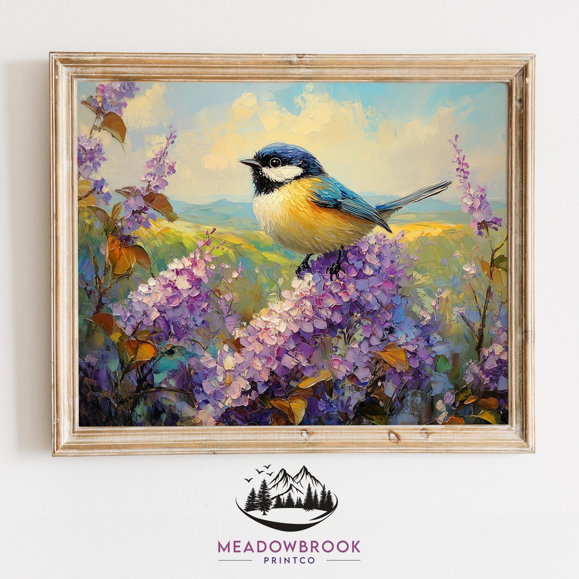 Blue Tit Bird on Purple Lilac Blossoms Sunny Spring Hillside Poster
