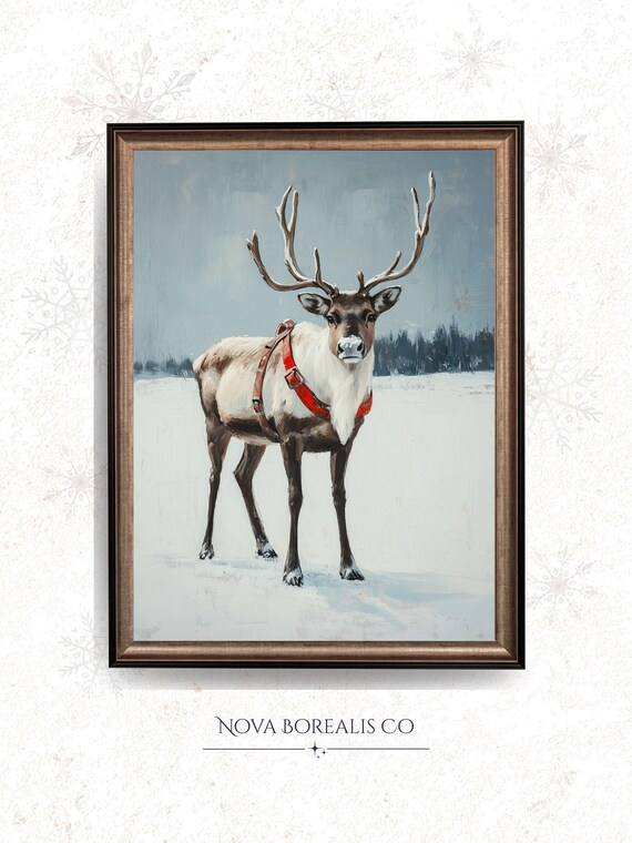Rustic Reindeer In Snow With Red Harness Vintage Winter Art Poster