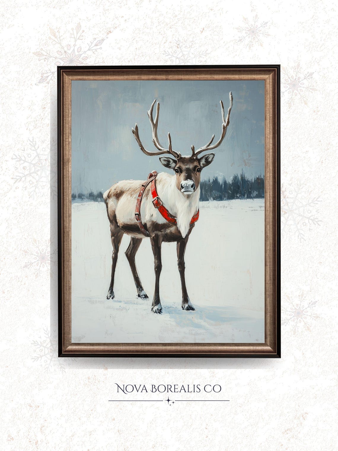 Rustic Reindeer In Snow With Red Harness Vintage Winter Art Poster