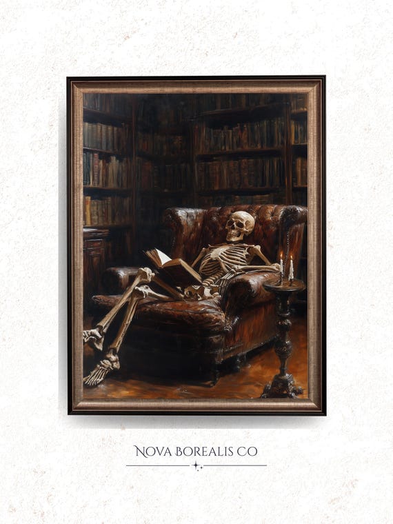 Rustic Skeleton In Library Oil Painting Vintage Wall Art Moody Halloween Decor Gothic Scene Spooky Autumn 30