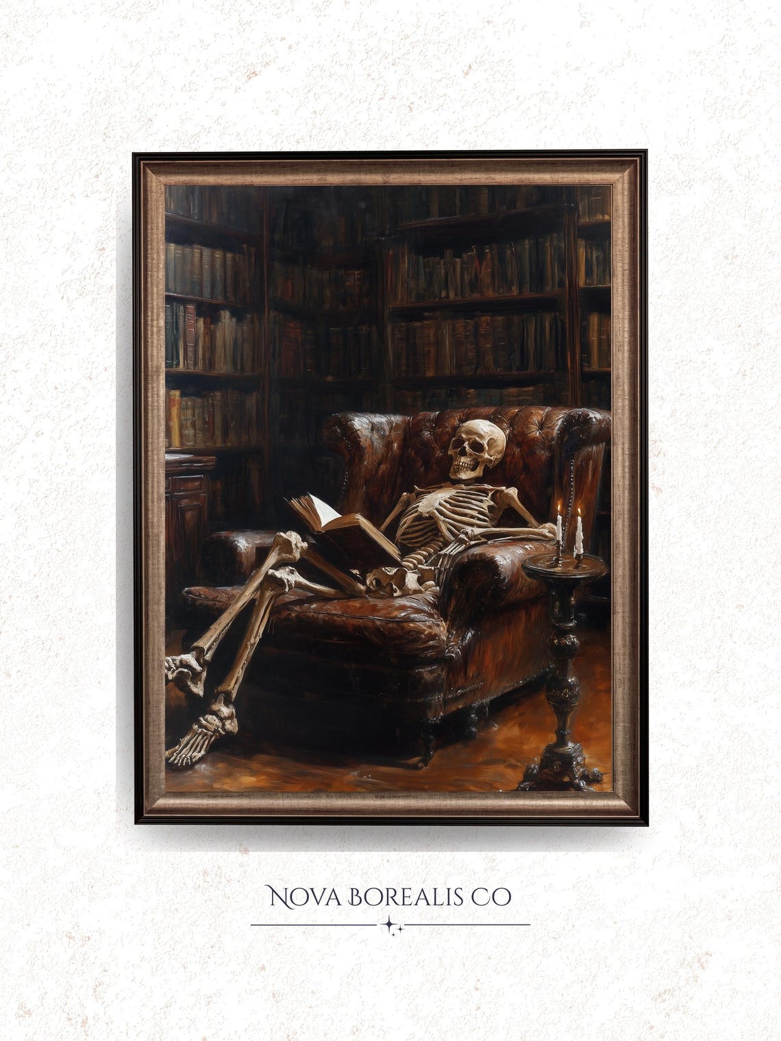 Rustic Skeleton In Library Oil Painting Vintage Wall Art Moody Halloween Decor Gothic Scene Spooky Autumn 30