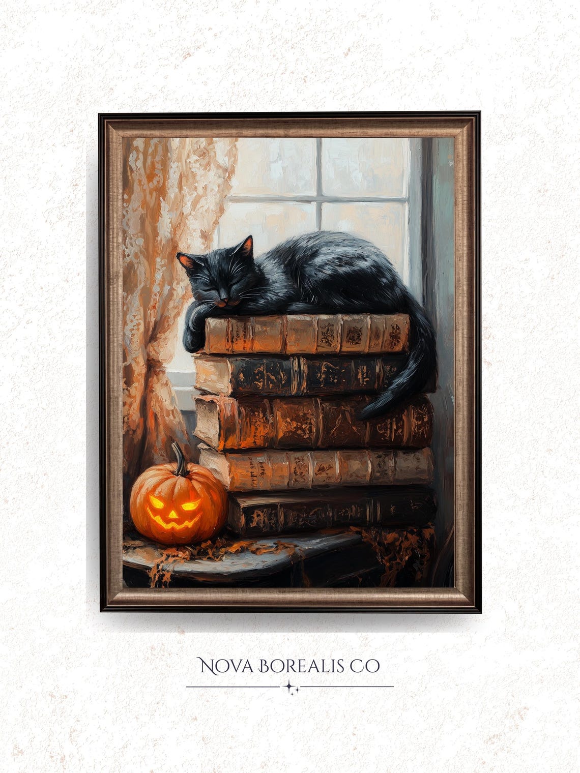 Sleeping Black Cat On Stack Of Old Books Jack O Lantern Poster