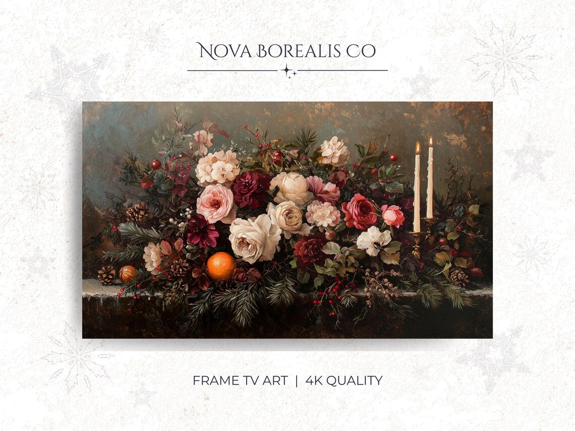 Vintage Rose Floral Still Life Candles Dark Moody Oil Painting Poster
