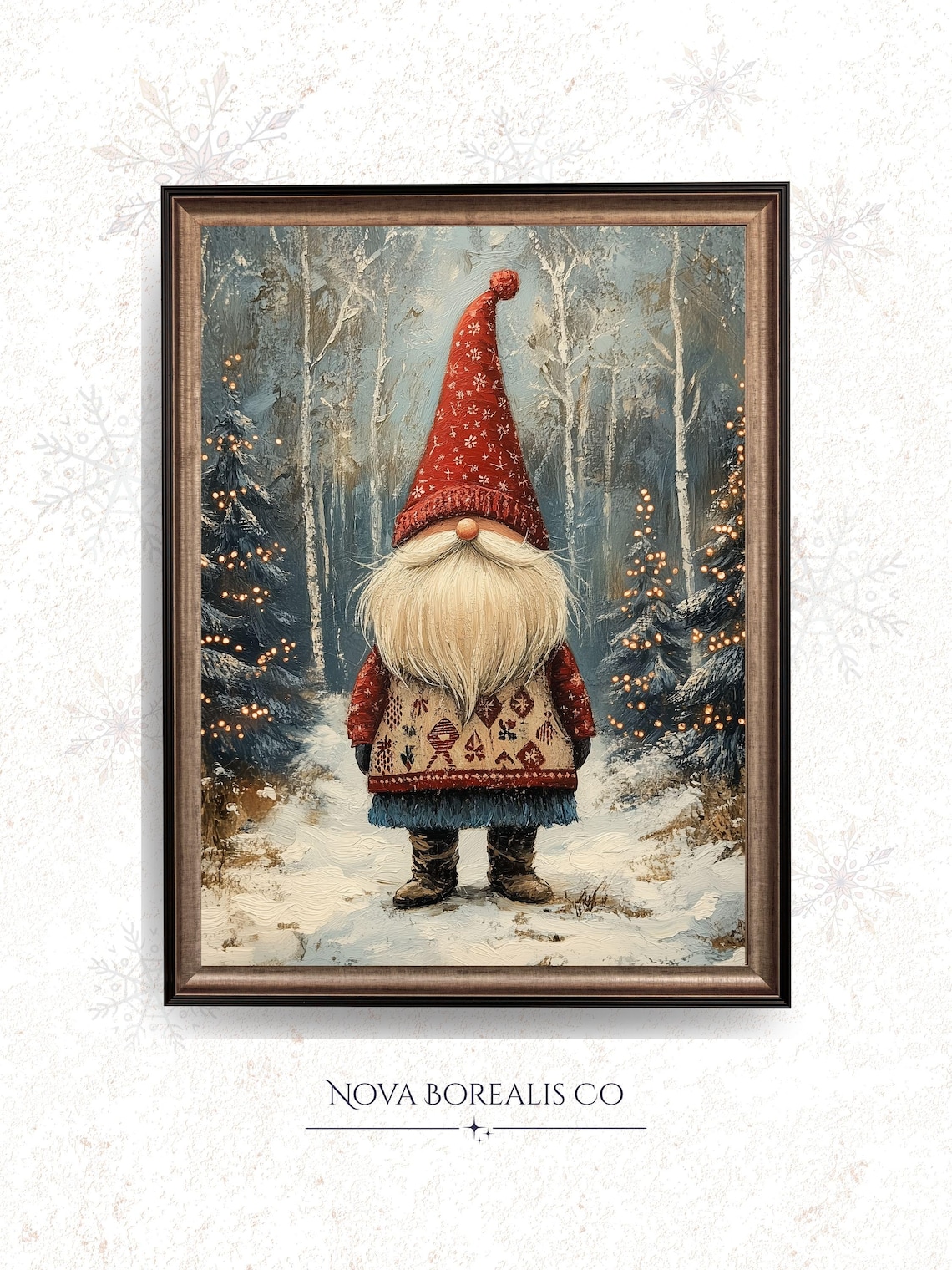Scandinavian Christmas Gnome Red Hat Snowy Forest Vintage Holiday Poster