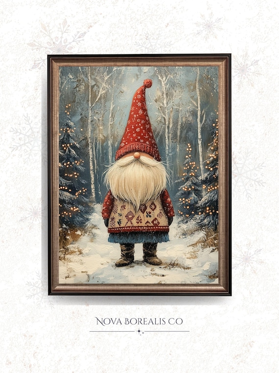 Scandinavian Christmas Gnome Red Hat Snowy Forest Vintage Holiday Poster