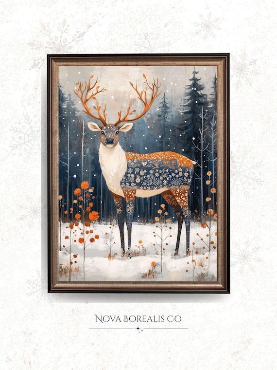 Scandinavian Reindeer Folk Art Snowy Forest Winter Christmas Poster
