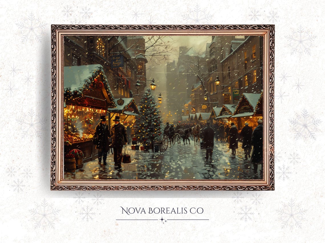 Victorian Christmas Market Snowy Town Square Dusk Holiday Poster