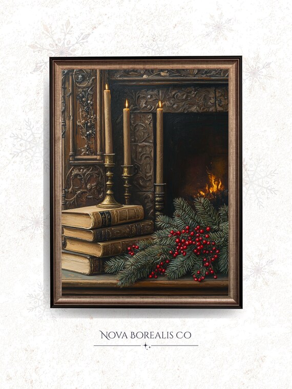 Cozy Fireplace Candles and Books Christmas Mantel Still Life Poster
