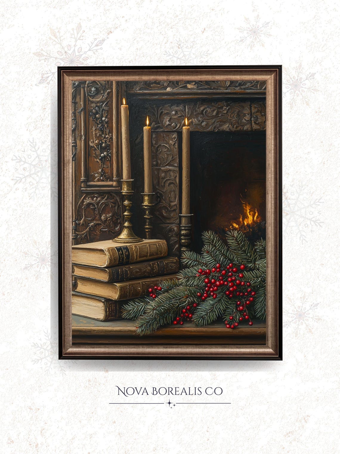 Cozy Fireplace Candles and Books Christmas Mantel Still Life Poster