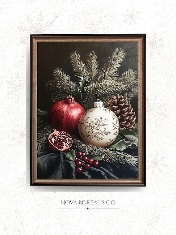 Festive Pomegranate Ornament Pinecone Holiday Still Life Painting Poster