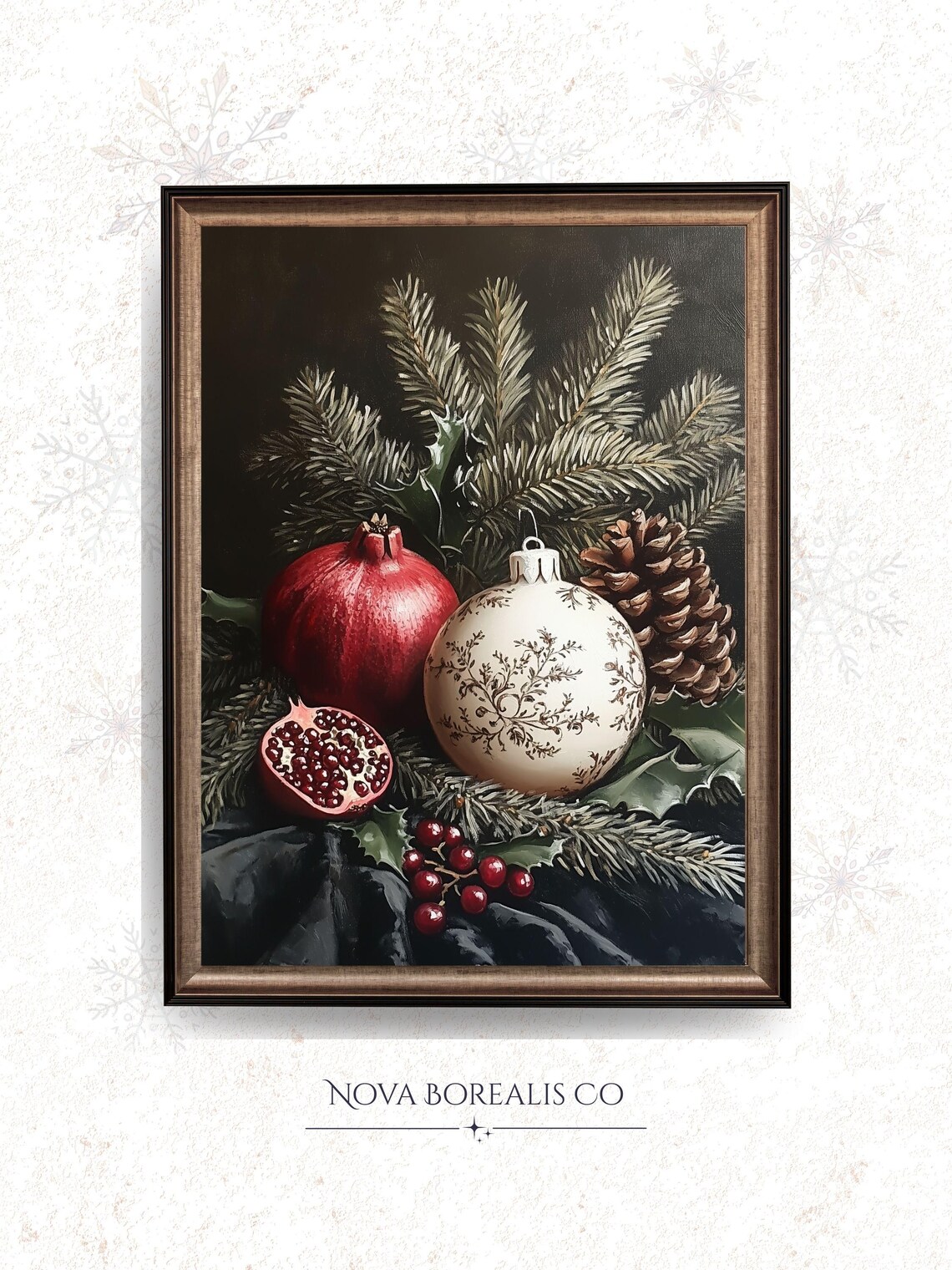 Festive Pomegranate Ornament Pinecone Holiday Still Life Painting Poster
