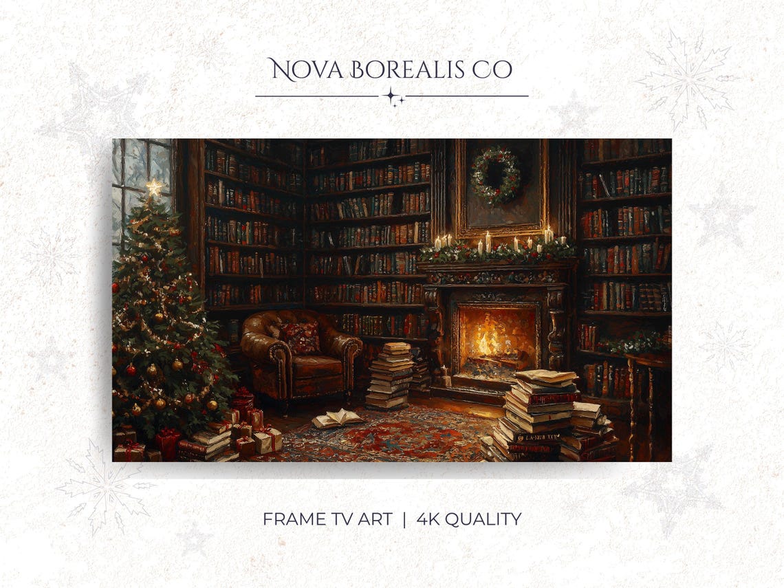 Cozy Christmas Library Fireplace Candlelit Holiday Art Print