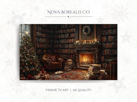 Cozy Christmas Library Fireplace Candlelit Holiday Art Print
