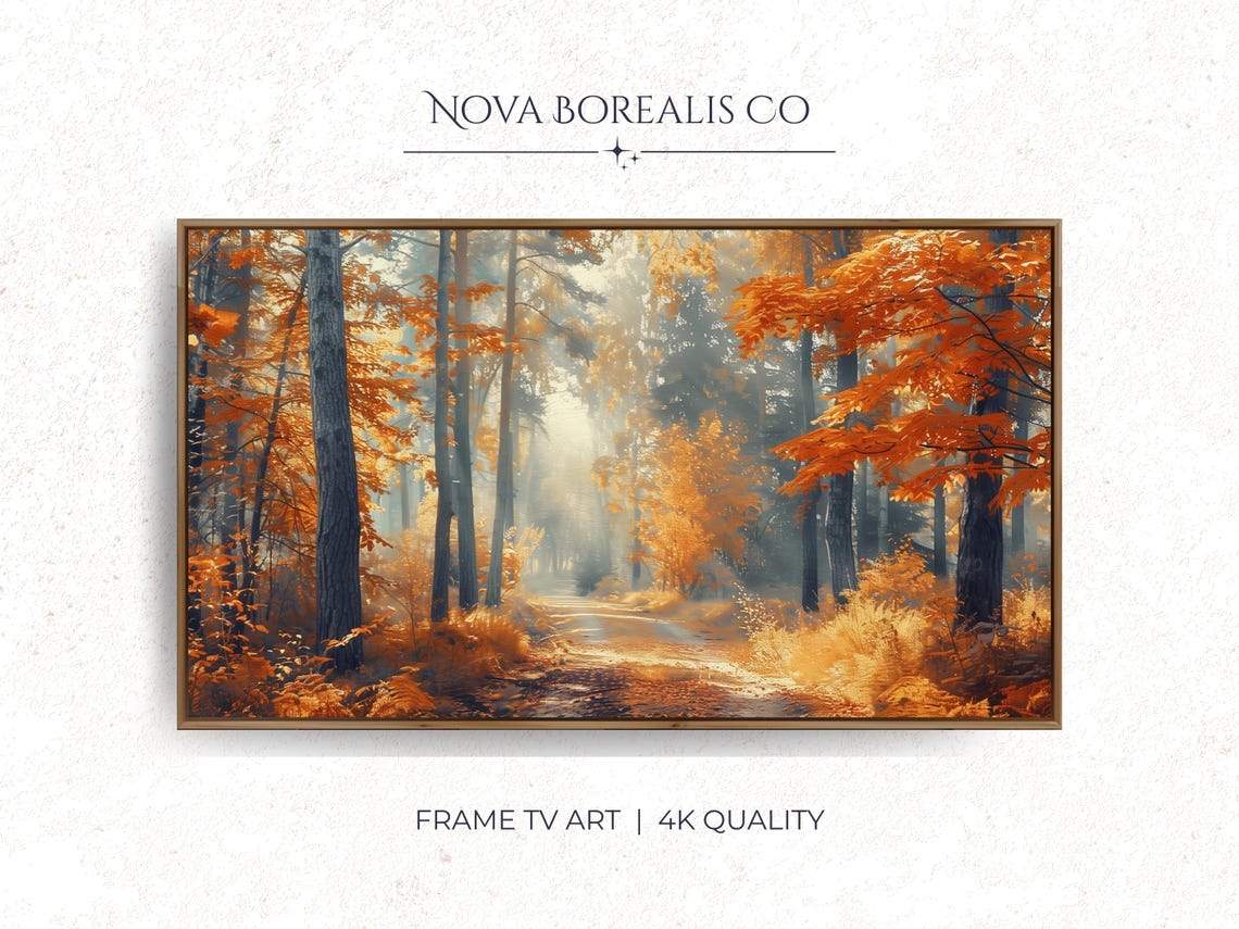 Golden Autumn Forest Oil Painting Misty Fall Path Sunlit Foliage Poster