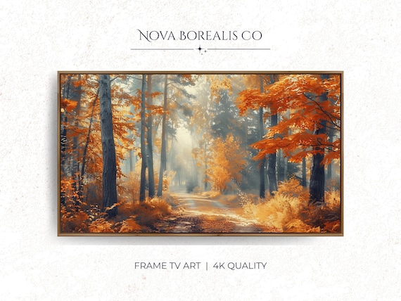 Golden Autumn Forest Oil Painting Misty Fall Path Sunlit Foliage Poster