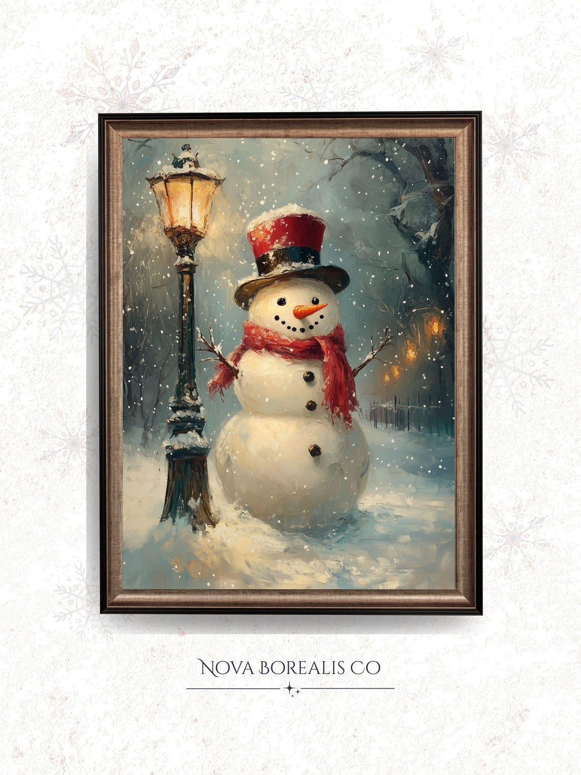 Cheerful Snowman With Red Scarf Lamp Post Falling Snow Vintage Poster