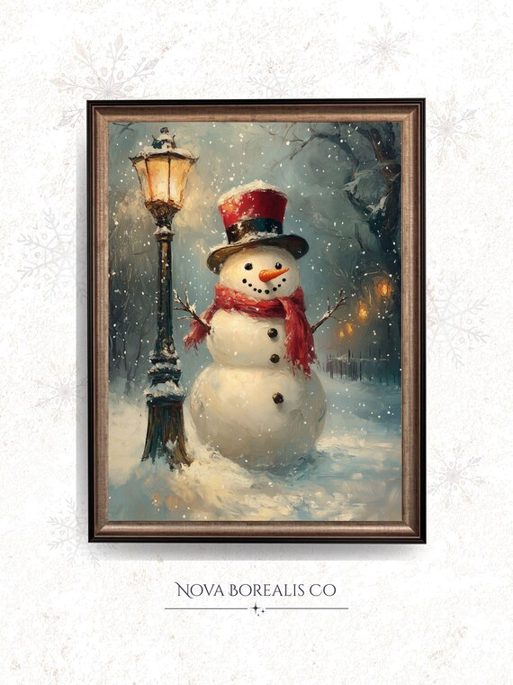 Cheerful Snowman With Red Scarf Lamp Post Falling Snow Vintage Poster