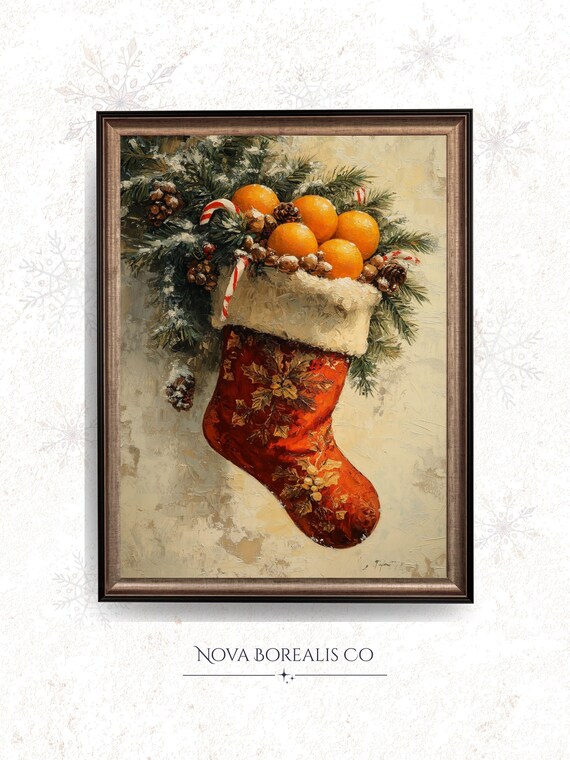 Vintage Christmas Stocking Oranges Candy Canes Rustic Art Poster